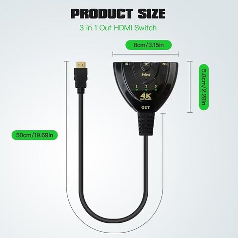 New HDMI Switch 3 in 1 Out, 4K@30Hz HDMI Splitter, 3 Port HDMI Hub Supports Full HD 4K 1080P 3D Player for MAC Notebook, for XBOX360, for PS3, for PS4, for Wii U, for Sony, PC by HaeKap in Kuwait