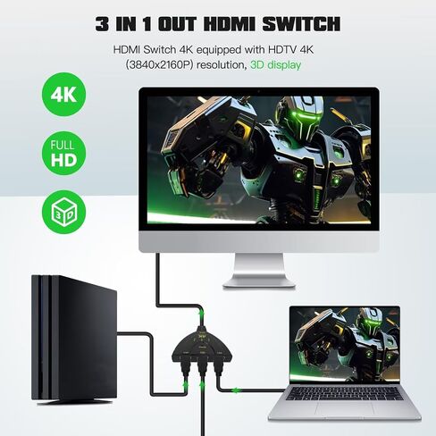 New HDMI Switch 3 in 1 Out, 4K@30Hz HDMI Splitter, 3 Port HDMI Hub Supports Full HD 4K 1080P 3D Player for MAC Notebook, for XBOX360, for PS3, for PS4, for Wii U, for Sony, PC by HaeKap in Kuwait