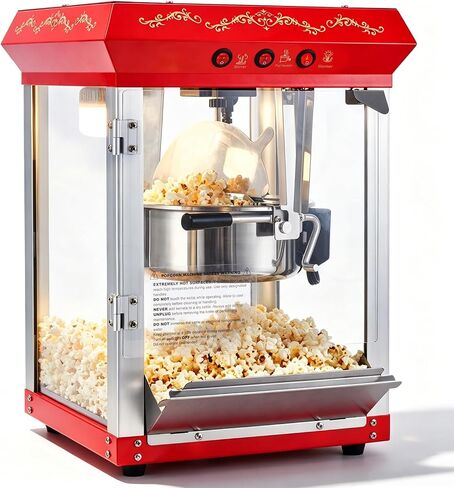 Popcorn Machine with Cart, 8 Oz Stainless-Steel Kettle Makes Up to 32 Cups, Vintage Movie Theater Style Pop Corn Maker Machine with 3-Switch Control, Warm Light, Scoop, Glove & Popcorn Bags in Kuwait