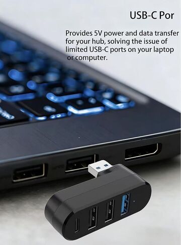 4-Port USB 3.0 hub, USB C Port with PD USB Distributor, Compatible with laptops, Cars, etc. (90°/180°rotatable) in Kuwait