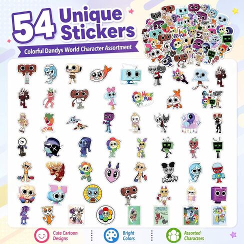54Pcs Dandys World Stickers, Assorted Cute Cartoon Character Decals for Water Bottles, Laptops, Skateboards, Notebooks, Phone Cases, Scrapbooks, Party Favors and Gifts for Fans, Teens and Adults in Kuwait
