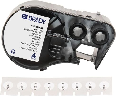 Brady Nylon Cloth Pre-Sized Labels for Label Printer BMP41/BMP51/BMP53/M511-240 Self Adhesive Printer Labels - Waterproof Tape Printer Labels - Black on White (9.53mm ⌀) - M4-82-499 in Kuwait