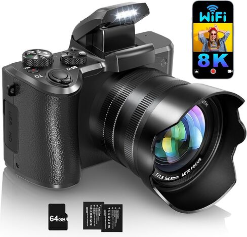IGXHAVIZ 8K Digital Cameras for Photography Autofocus, WiFi 88MP Vlogging Camera with Dual-Lens, Flash, 16X Digital Zoom, Touch Screen, Travel Camera Anti-Shake with Lens Hood, 64GB Card,2 Batteries in Kuwait