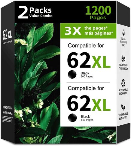 62XL Black Ink Cartridge 2 Pack Replacement for HP 62 XL HP62 HP62XL in Saudi Arabia