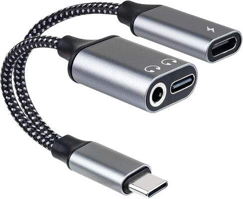 3-in-1 USB-C to 3.5mm Headphone Adapter & Charger, Type-C to Dual USB-C & Aux Audio Splitter with PD Fast Charging & DAC Chip, Compatible with iPhone 16/15 Pro Max, iPad, S24/S23, Pixel (Grey) in Kuwait