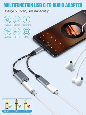 3-in-1 USB-C to 3.5mm Headphone Adapter & Charger, Type-C to Dual USB-C & Aux Audio Splitter with PD Fast Charging & DAC Chip, Compatible with iPhone 16/15 Pro Max, iPad, S24/S23, Pixel (Grey) in Kuwait