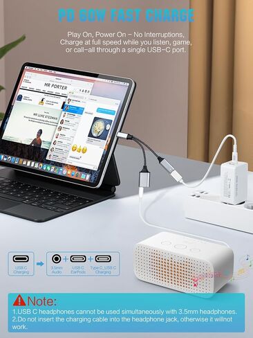 3-in-1 USB-C to 3.5mm Headphone Adapter & Charger, Type-C to Dual USB-C & Aux Audio Splitter with PD Fast Charging & DAC Chip, Compatible with iPhone 16/15 Pro Max, iPad, S24/S23, Pixel (Grey) in Kuwait