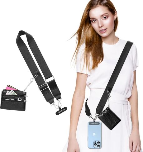 MoKo Universal Phone Lanyard, Phone Crossbody Strap with Detachable Pouch, Adjustable Cellphone Lanyard Crossbody Around the Neck with Patches for iPhone, Samsung, Most Smartphones, Black in Kuwait