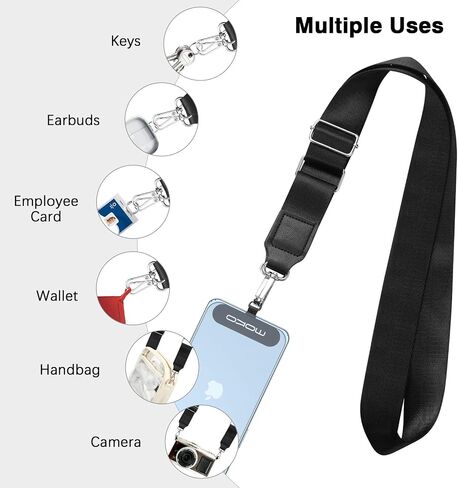 MoKo Universal Phone Lanyard, Phone Crossbody Strap with Detachable Pouch, Adjustable Cellphone Lanyard Crossbody Around the Neck with Patches for iPhone, Samsung, Most Smartphones, Black in Kuwait