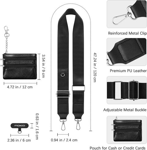 MoKo Universal Phone Lanyard, Phone Crossbody Strap with Detachable Pouch, Adjustable Cellphone Lanyard Crossbody Around the Neck with Patches for iPhone, Samsung, Most Smartphones, Black in Kuwait