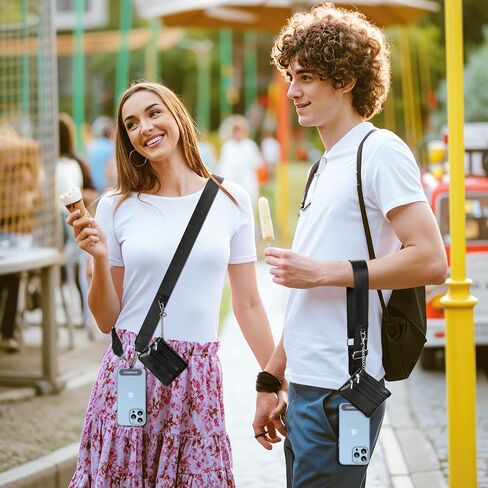 MoKo Universal Phone Lanyard, Phone Crossbody Strap with Detachable Pouch, Adjustable Cellphone Lanyard Crossbody Around the Neck with Patches for iPhone, Samsung, Most Smartphones, Black in Kuwait