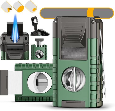 6-in-1 Torch Lighter with 3 Jet Flame, Built-in V & Straight Cutter, Punch, Draw Enhancer, Holder, Visible Gas Window, Refillable Butane Lighter with Gift Box, Cool Lighters for Men, Candle, Camping in Kuwait
