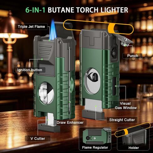 6-in-1 Torch Lighter with 3 Jet Flame, Built-in V & Straight Cutter, Punch, Draw Enhancer, Holder, Visible Gas Window, Refillable Butane Lighter with Gift Box, Cool Lighters for Men, Candle, Camping in Kuwait