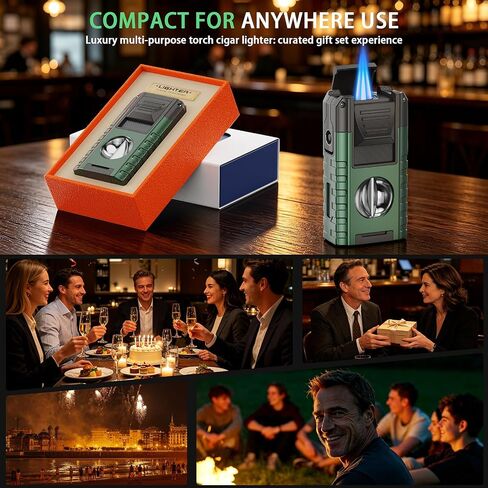 6-in-1 Torch Lighter with 3 Jet Flame, Built-in V & Straight Cutter, Punch, Draw Enhancer, Holder, Visible Gas Window, Refillable Butane Lighter with Gift Box, Cool Lighters for Men, Candle, Camping in Kuwait