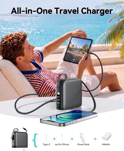 Portable Charger 20000mAh 22.5W Power Bank Built in Cable and Wall Plug in Kuwait