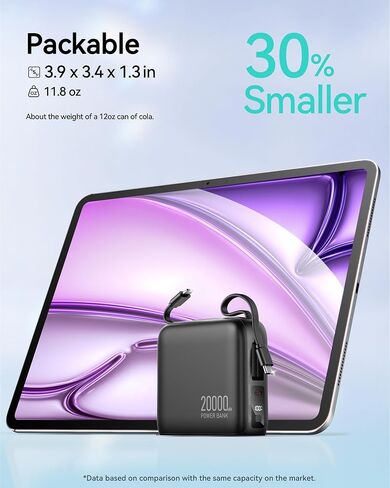 Portable Charger 20000mAh 22.5W Power Bank Built in Cable and Wall Plug in Kuwait