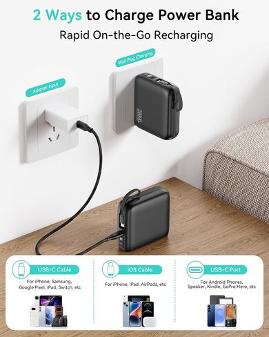 Portable Charger 20000mAh 22.5W Power Bank Built in Cable and Wall Plug in Kuwait