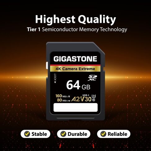 【5-Years Data Recovery】 GIGASTONE 64GB SD Card, 4K Camera Extreme, Speed Up to 160MB/s, UHS-I A2 V30 U3 SDXC Memory Card High Speed UHD Video Compatible with Digital Camera, with 1 Mini case in Kuwait