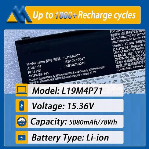 L19M4P71 Laptop Battery Replacement for Lenovo ThinkPad X1 Extreme P1 3rd Gen Series ThinkPad X1 Extreme 3rd Gen Notebook 5B10X19050 5B10X19047 5B10X19049 L19C4P71 5B10X19048 15.36V 80Wh 5235mAh in Kuwait