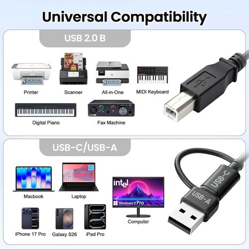 EGK 2 in 1 USB C to USB B Printer Cable with USB A Adapter, 6.5 Ft in Kuwait