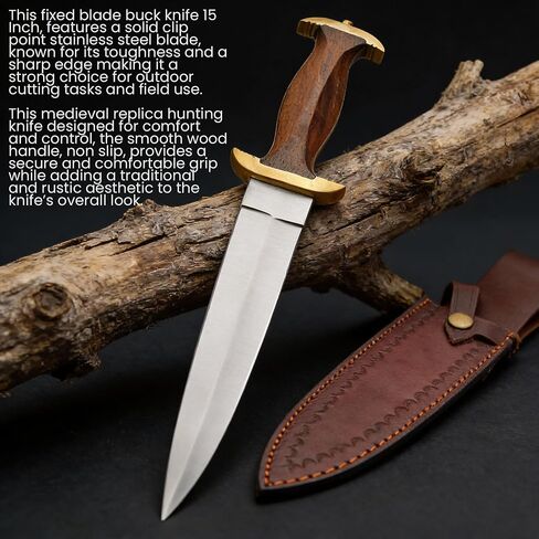 SZCO Full Tang Hunting Knife 15 Inch - 14th Century Dagger Knife with Brown Wood Handle, Stainless Steel Blade & Sheath - Pocket Knife for Hunting, Cutting & Outdoor uses - Knives for Men in Kuwait