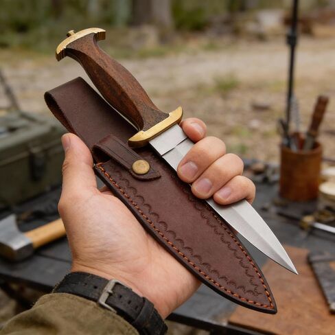 SZCO Full Tang Hunting Knife 15 Inch - 14th Century Dagger Knife with Brown Wood Handle, Stainless Steel Blade & Sheath - Pocket Knife for Hunting, Cutting & Outdoor uses - Knives for Men in Kuwait