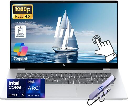 HP OmniBook, 17.3" FHD Touch Screen Business Laptop Computer, 8-Core Intel Core Ultra 5 226V, 16GB RAM 1TB SSD, Windows 11 Pro, Backlit Keyboard, Numeric Keypad, Docking Station, Glacier Silver in Kuwait