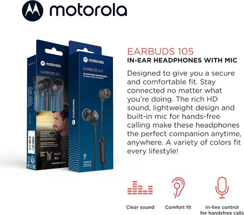 Motorola Wired Earbuds with Microphone - Earbuds 105 Corded in-Ear Headphones, Control Button for Calls/Music, Comfortable Lightweight Easy-Grip Ear Buds, Clear Bass Sound, Noise Isolation - Black in Kuwait