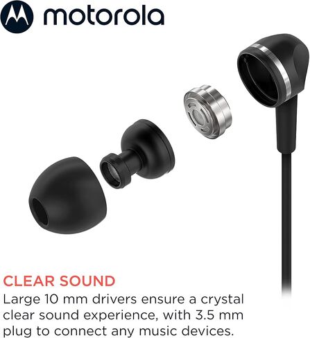 Motorola Wired Earbuds with Microphone - Earbuds 105 Corded in-Ear Headphones, Control Button for Calls/Music, Comfortable Lightweight Easy-Grip Ear Buds, Clear Bass Sound, Noise Isolation - Black in Kuwait