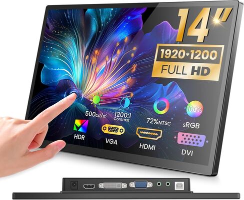 14 inch FHD Portable Touchscreen Monitor with HDMI VGA DVI Ports Compatible with Laptops PC PS5/4, Industrial, POS, Kiosk, Screen Extender 1920×1200 HDR IPS Small Touch Screen Display 500 nits in Kuwait