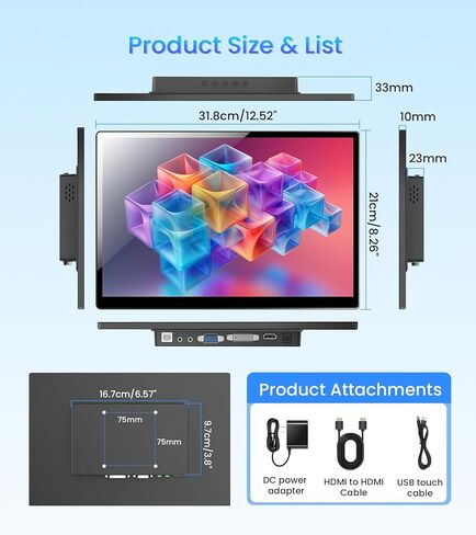 14 inch FHD Portable Touchscreen Monitor with HDMI VGA DVI Ports Compatible with Laptops PC PS5/4, Industrial, POS, Kiosk, Screen Extender 1920×1200 HDR IPS Small Touch Screen Display 500 nits in Kuwait