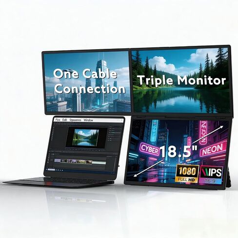 18.5'' Portable Triple Monitor, One Cable Connection Laptop Screen Extender, Quad Monitor Setup, Built-in Stand Compatible with Windows Mac Laptop(Driver Need) in Kuwait
