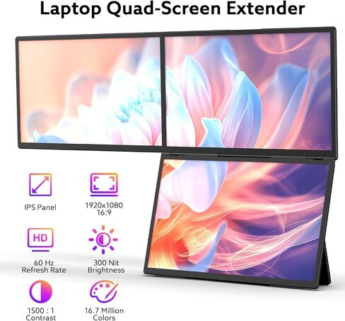18.5'' Portable Triple Monitor, One Cable Connection Laptop Screen Extender, Quad Monitor Setup, Built-in Stand Compatible with Windows Mac Laptop(Driver Need) in Kuwait