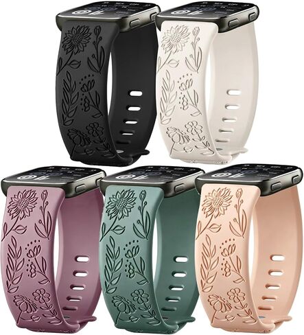 5 Pack Floral Engraved 22mm Watch Bands Compatible with Amazfit Bip 6/Bip 5/Active Max/Balance 2, Soft Silicone Sport Straps for Amazfit GTR 4/GTR 3 Pro/3/2/2e Women Men in Saudi Arabia