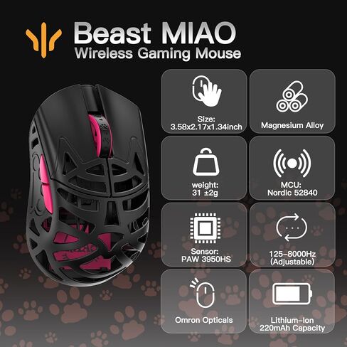WLMOUSE Beast X Miao Ultralight 31g Magnesium Alloy Cute Gaming Mouse with PAW3950HS Sensor, Cat Paw, Small Hand Gaming Mouse with 8K Polling Rate,TTC/OM Switches ((Black＆Red(OM Switch))) in Kuwait