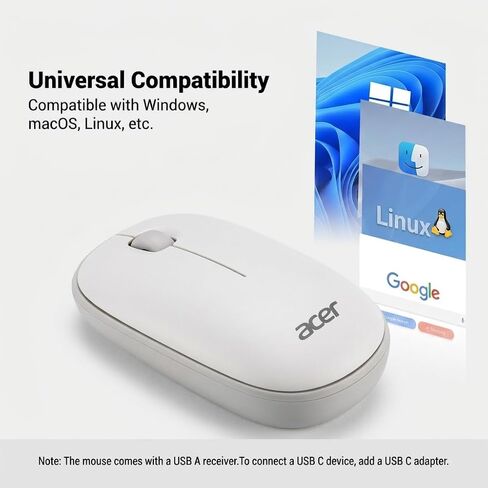 Acer Computer Mouse Wireless, 2.4G Slim USB Wireless Mice with USB-A Receiver, 1600 DPI Optical, Laptop Mouse with Plug and Play for Right/Left Handed Users (for Chromebooks, Windows PC & Mac) White in Kuwait