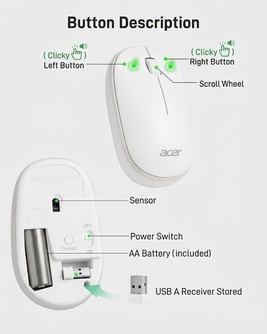 Acer Computer Mouse Wireless, 2.4G Slim USB Wireless Mice with USB-A Receiver, 1600 DPI Optical, Laptop Mouse with Plug and Play for Right/Left Handed Users (for Chromebooks, Windows PC & Mac) White in Kuwait