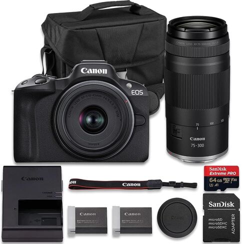 Canon EOS R50 Mirrorless Camera with RF-S 18-45mm f/4.5-6.3 is STM + RF 75-300mm f/4-5.6 Lens + Extra LP-E17 Battery + SanDisk Extreme Pro 64GB + More(16pc Bundle) in Kuwait
