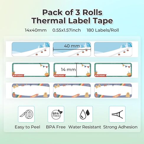 Genuine Label Maker Tape, Adapted Label Print Paper, 14x40mm (0.55inx1.57in), Standard Laminated Labeling Replacement, 160 Tapes/Roll, 3-Roll, Birthday Theme in Saudi Arabia