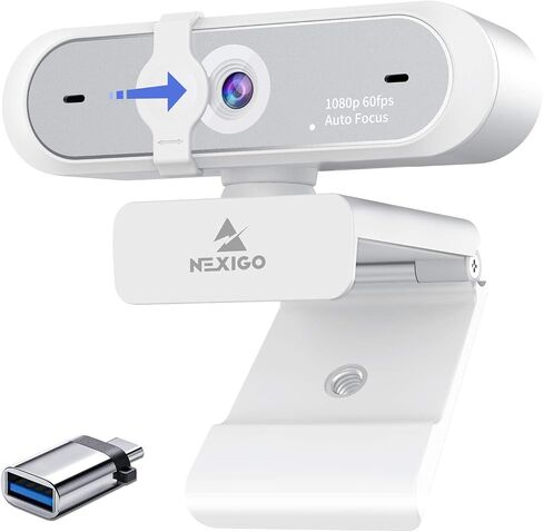 1080P 60FPS Webcam with USB C Adapter, NexiGo AutoFocus USB Web Camera with Microphone, Privacy Cover, Thunderbolt 3 to USB 3.0 Adapter, for Zoom/Skype/Teams Online Teaching, Laptop MAC PC Desktop in Kuwait