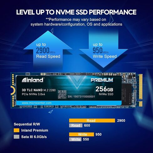 INLAND Premium 256GB 3D NAND TLC M.2 2280 PCIe NVMe 3.0 x4 Internal Solid State Drive, Read/Write Speed up to 2900MB/s and 950MB/s, 360 TBW in Kuwait