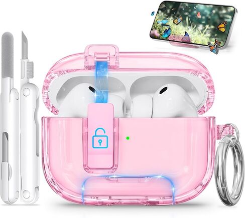 Clear Case for AirPods Pro 3 Case, Ekoonpft Anti-Yellowing Case with Safety Lock, Phone Stand & Auto-Open Lid for AirPods Pro 3rd Gen 2025 Cover for Women Men Girly with Cleaning Kit & Keychain in Kuwait