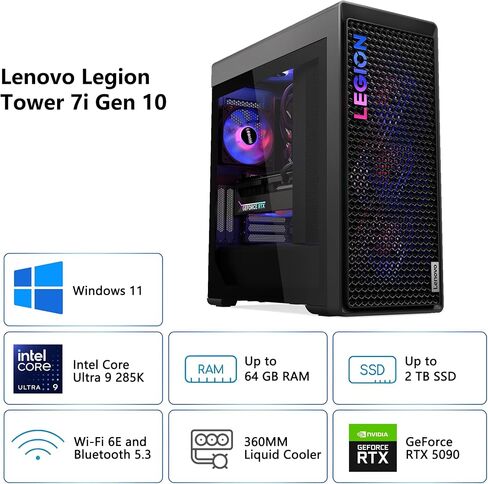 Lenovo Legion Tower 7i Gen 10 Gaming AI Desktop | Intel 24-core Ultra 9 285K | 64GB DDR5 2TB SSD | GeForce RTX 5090 32GB (Up to 3352 AI Tops) | 360mm Liquid Cooler 1200W PSU Win11 w/DLCA Accessory in Kuwait