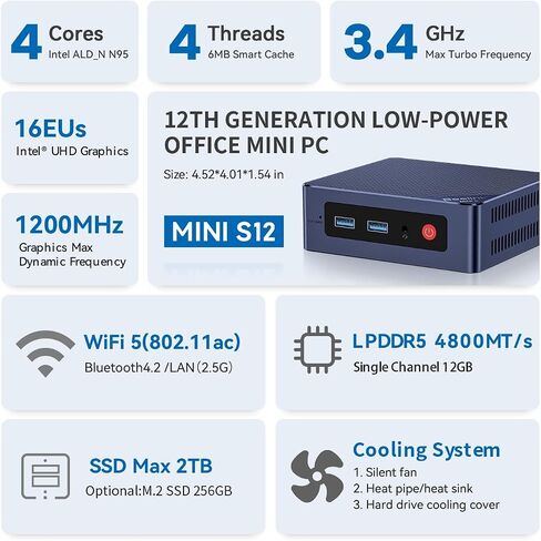 Beelink MINI S12 Mini PC with N95 Processor, 12G LPDDR5 512G SSD 4K UHD Mini Desktop PC, WiFi5, BT4.2, 2.5G LAN, Dual HDMI Ports, Business Mini Computer Support W11 Home in Kuwait