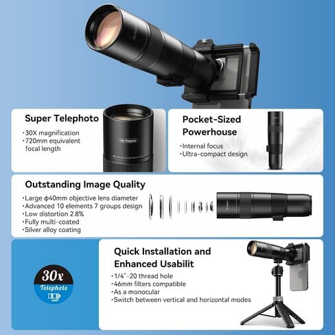APEXEL 30X Telephoto Lens with Tripod – Professional Telephoto Camera Lens for iPhone, Samsung, Pixel, and More in Kuwait