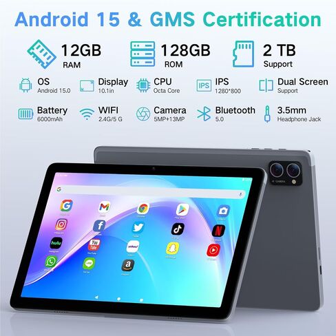 Android 15 Tablet 10.1 Inch with Gemini AI– Octa-Core 12GB RAM 128GB ROM (2TB Expand), Big HD Touch Screen Tablets PC with Dual Camera, 8H Long Battery Life, 5G WiFi Tableta in Kuwait