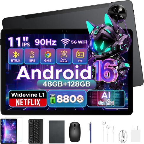 P11 Android 16 Tablet, 11 Inch Tablet with 48GB RAM+128GB ROM, T7250 Android Tablet with 90Hz Display, 8800mAh, 13MP+5MP, Gemini AI, 3.5mm Jack, Face ID, Tablet with Keyboard, Pen, Black in Kuwait