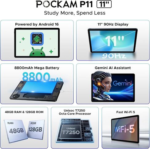 P11 Android 16 Tablet, 11 Inch Tablet with 48GB RAM+128GB ROM, T7250 Android Tablet with 90Hz Display, 8800mAh, 13MP+5MP, Gemini AI, 3.5mm Jack, Face ID, Tablet with Keyboard, Pen, Black in Kuwait