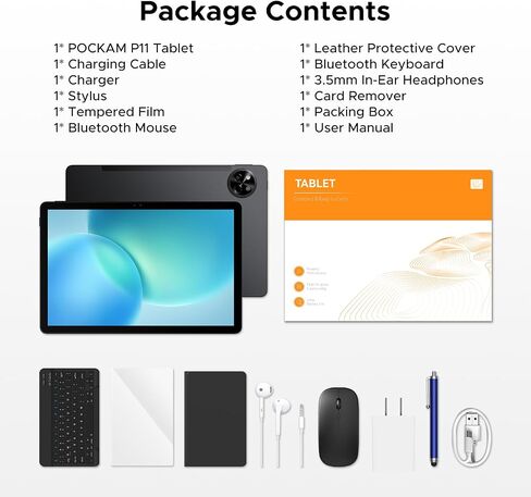 P11 Android 16 Tablet, 11 Inch Tablet with 48GB RAM+128GB ROM, T7250 Android Tablet with 90Hz Display, 8800mAh, 13MP+5MP, Gemini AI, 3.5mm Jack, Face ID, Tablet with Keyboard, Pen, Black in Kuwait