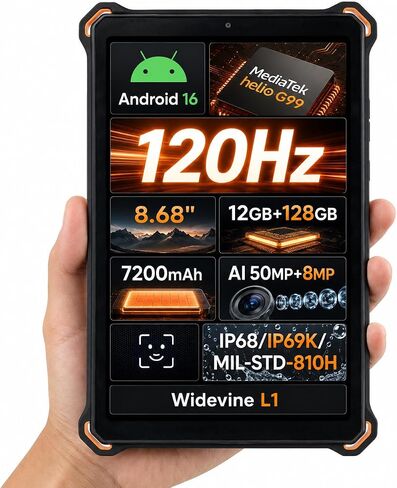 AGM PAD P3 Compact Rugged Android 16 Tablet, Waterproof & Drop-Proof, Widevine L1 & GMS Certified, 8.68" 120Hz HD 600 Nits Display, MTK G99, 12GB (6+6) + 128GB (Up to 1TB), 7200mAh, GPS, Compass, OTG in Kuwait